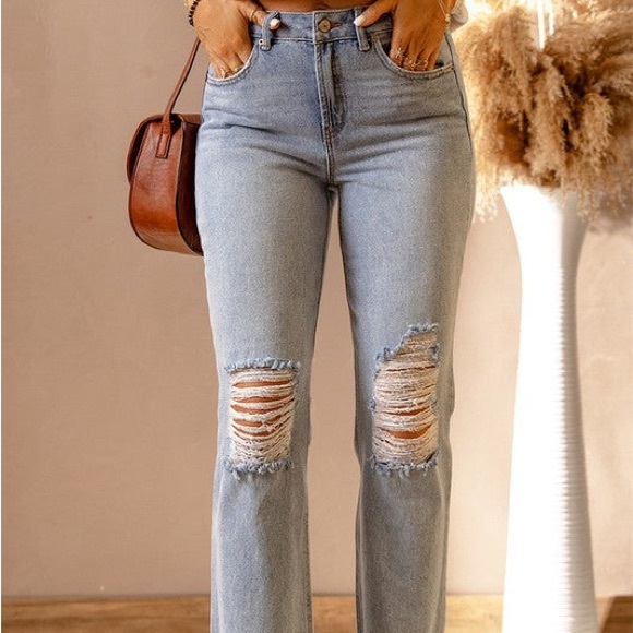 Denim - Light wash ripped high waisted straight leg jeans